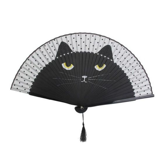 Farfi Vintage Cat Pattern Tassel Dancing Folding Hand Fan Craft Gift Home Decoration (Black)