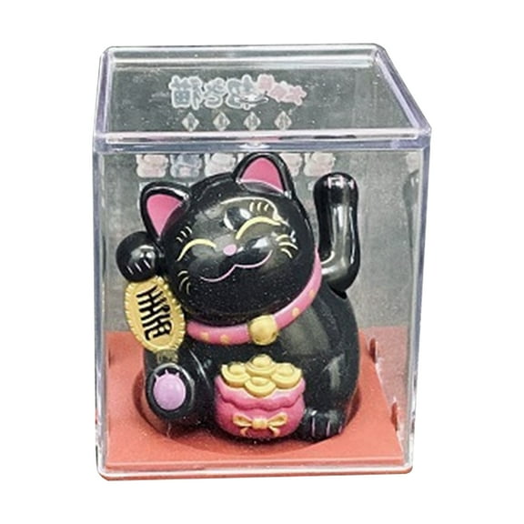 Farfi Welcome Lucky Cat Figurine Shaking Hand Plastic Chinese Style Light Energy Fortune Cat Statue for Desktop (Black)