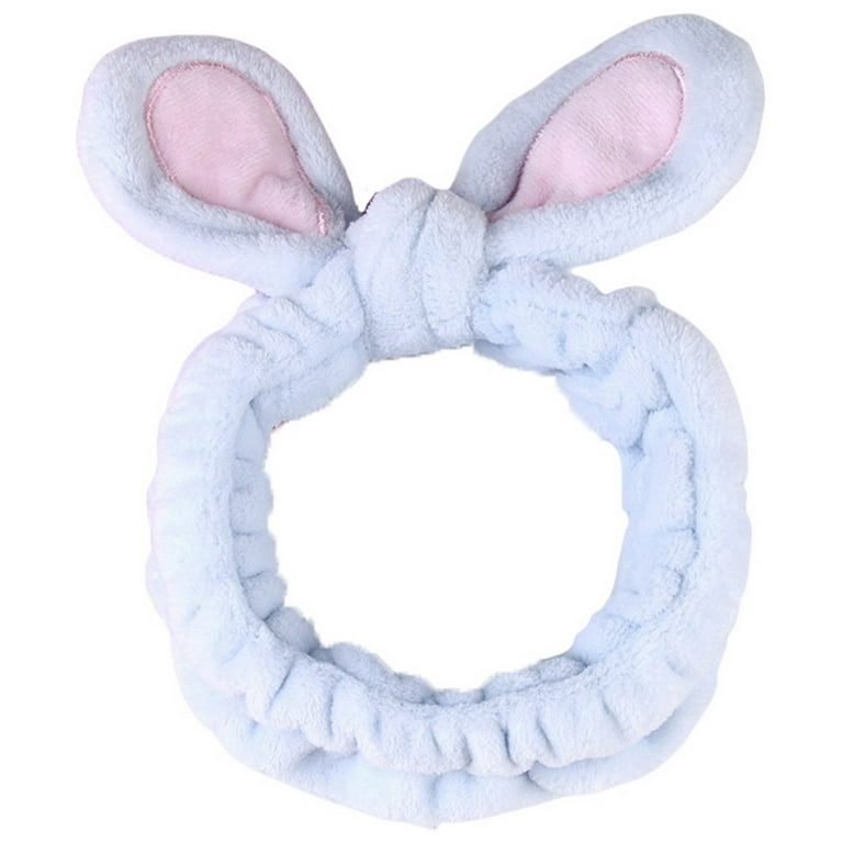 Farfi Wide High Elasticity Non-Slip Fluffy Makeup Headband Women Coral  Fleece Rabbit Ears Hair Band Hair Accessories (Blue) 