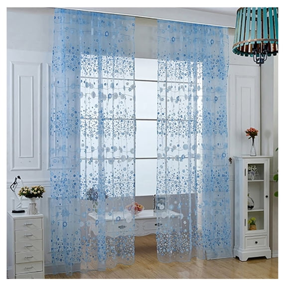 Farfi Window Curtain Translucent Floral Pattern Room Decor Pastoral Balcony Valance for Home Office Cafe (Blue)