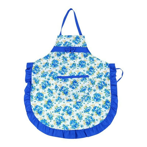 Farfi Women Bib Floral Print Bowknot Kitchen Restaurant Cooking Pocket Dress Apron (Blue)