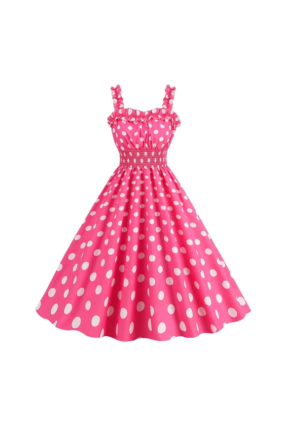 Women Dress Princess Style A-line Big Hem Shirring Ruffle Color Matching Tight Elastic Waist Sleeveless Christmas Party Prom Dress (Hot Pink, L)