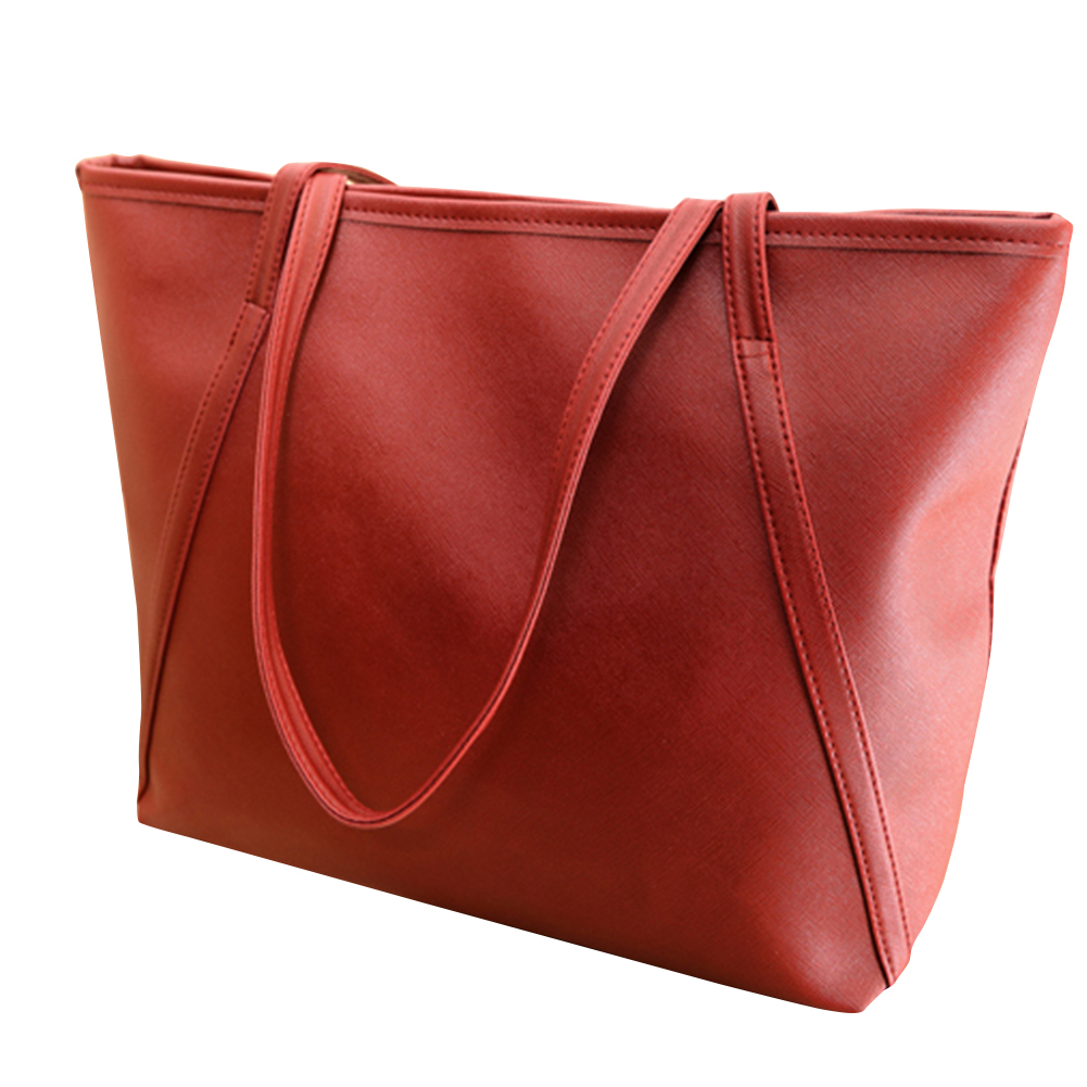 Farfi Women Faux Leather Handbag Solid Color Tote Bag Zipper Big