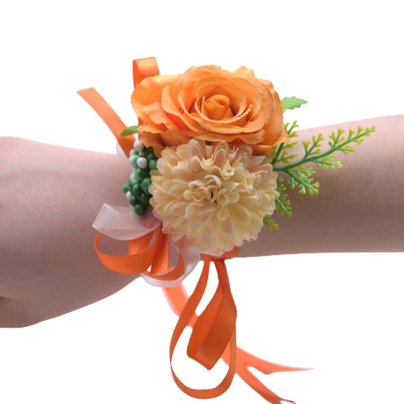Farfi Wrist Flower Non-Fading Multi-color Decorate Elegant Bride Groom Fake Wrist Corsage for Party (Orange)