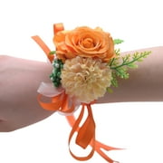 Farfi Wrist Flower Non-Fading Multi-color Decorate Elegant Bride Groom Fake Wrist Corsage for Party Orange