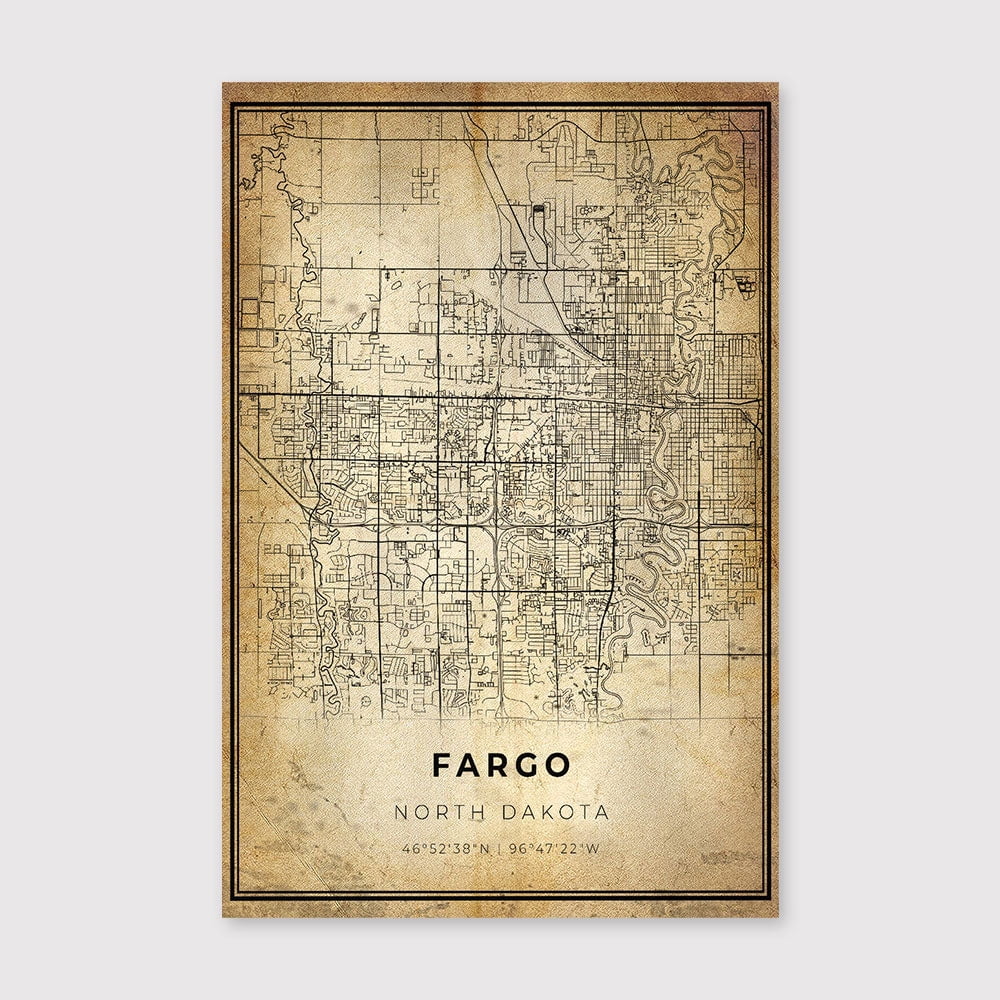 Fargo City Map Art Print: Modern Vintage Wall Decorfor Living Room ...