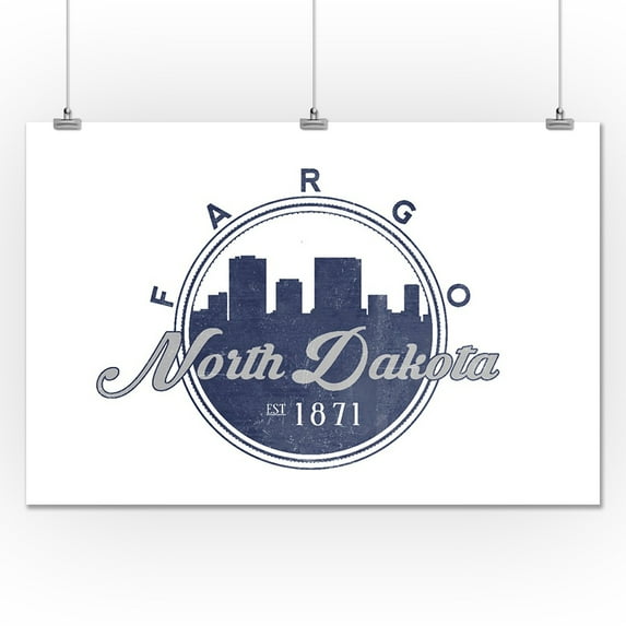 Fargo, North Dakota - Skyline Seal (Blue) - Lantern Press Artwork (24x36 Giclee Gallery Print, Wall Decor Travel Poster)