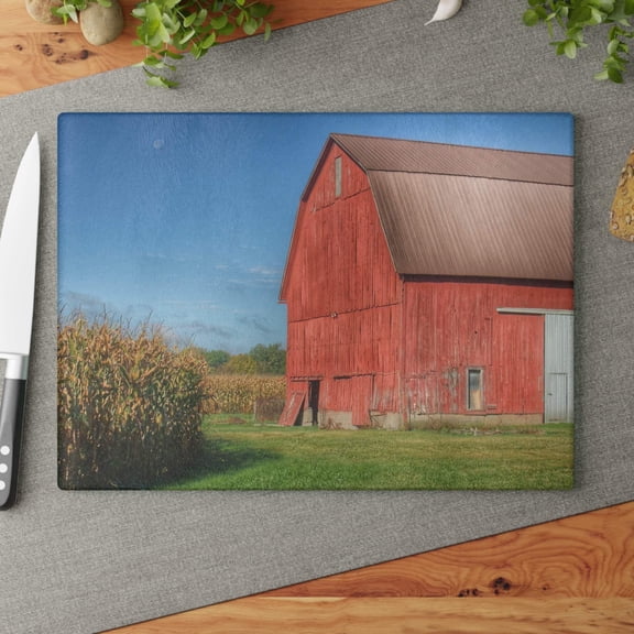 U R There Photography Fargo Road Red I Rustic Farmhouse Tempered-Glass Cutting Board 11"x 15"
