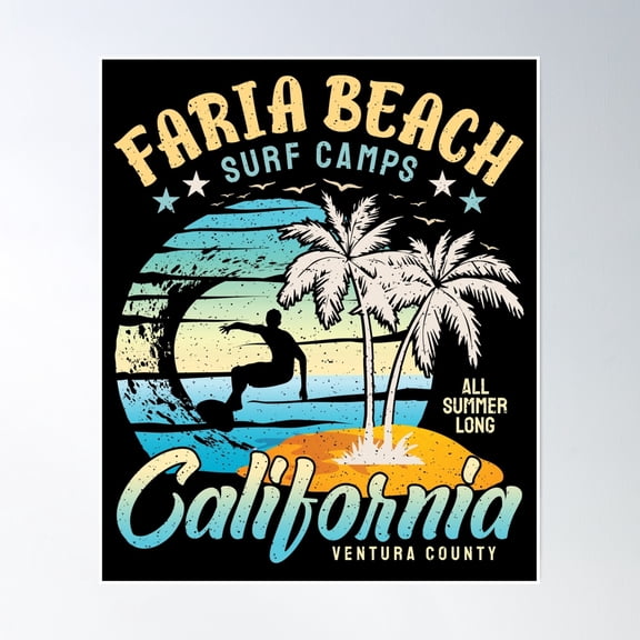 Faria Beach Surf Camps Surfing Ventura County California- Vintage Wall Arttrendy Retro Print Room Decor Wall Art, Poster Only