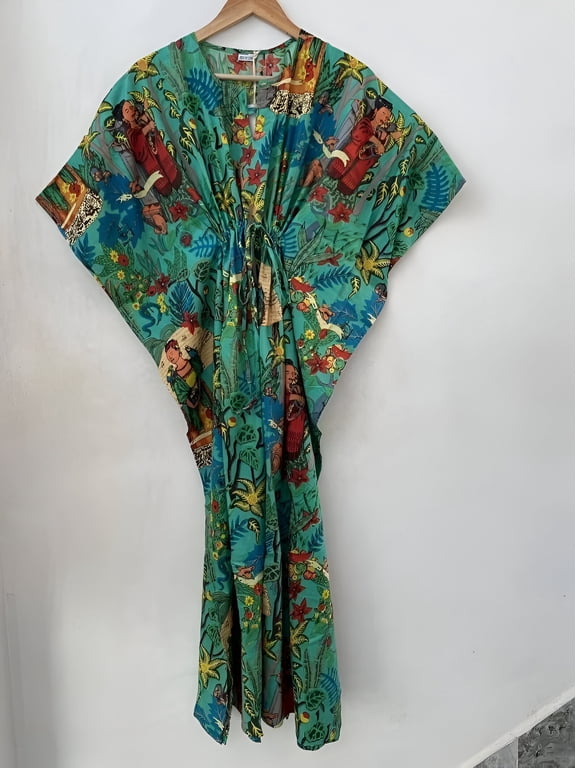 Farida Print Cotton Kaftan Dress Long Top Caftan, Dress Beach Wear Cover up, Printed Sleepwear Maxi Dress Boho Kimono Robe