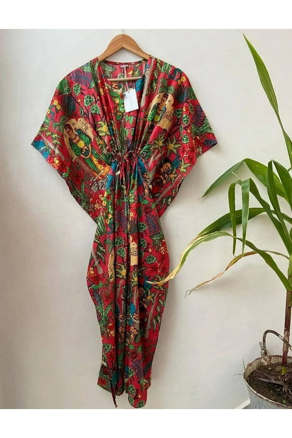Farida Print Red Cotton Fabric Indian Kaftan Dress Long Top Caftan, Dress Beach Wear Cover up, Printed Sleepwear Maxi Dress Boho Kimono Robe