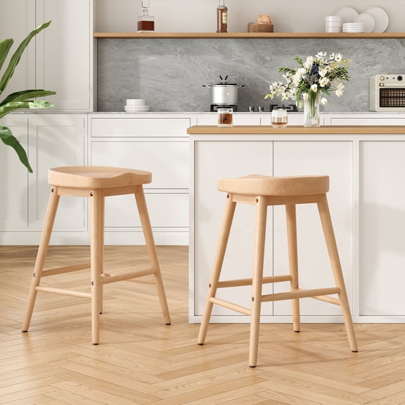 Farini 25.9" Saddle Counter Height Stools Set of 2, Wood Backless Bar Stools with Footrest for Kitchen Island, Nature