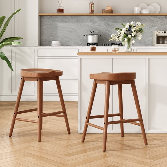 Farini 25.9" Saddle Counter Height Stools Set of 2, Wood Backless Bar Stools with Footrest for Kitchen Island, Walnut