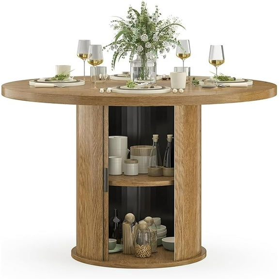 Farini 43" Round Dining Table, Modern Small Wooden Kitchen Table with Hidden Storage & Metal Base for 4 people, for Dining Room, Kitchen, Walnut