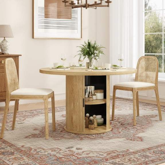 Farini 43" Round Dining Table, Modern Wood Kitchen Table with Hidden Storage & Metal Base, Seats 4, for Dining Room or Kitchen, Natural
