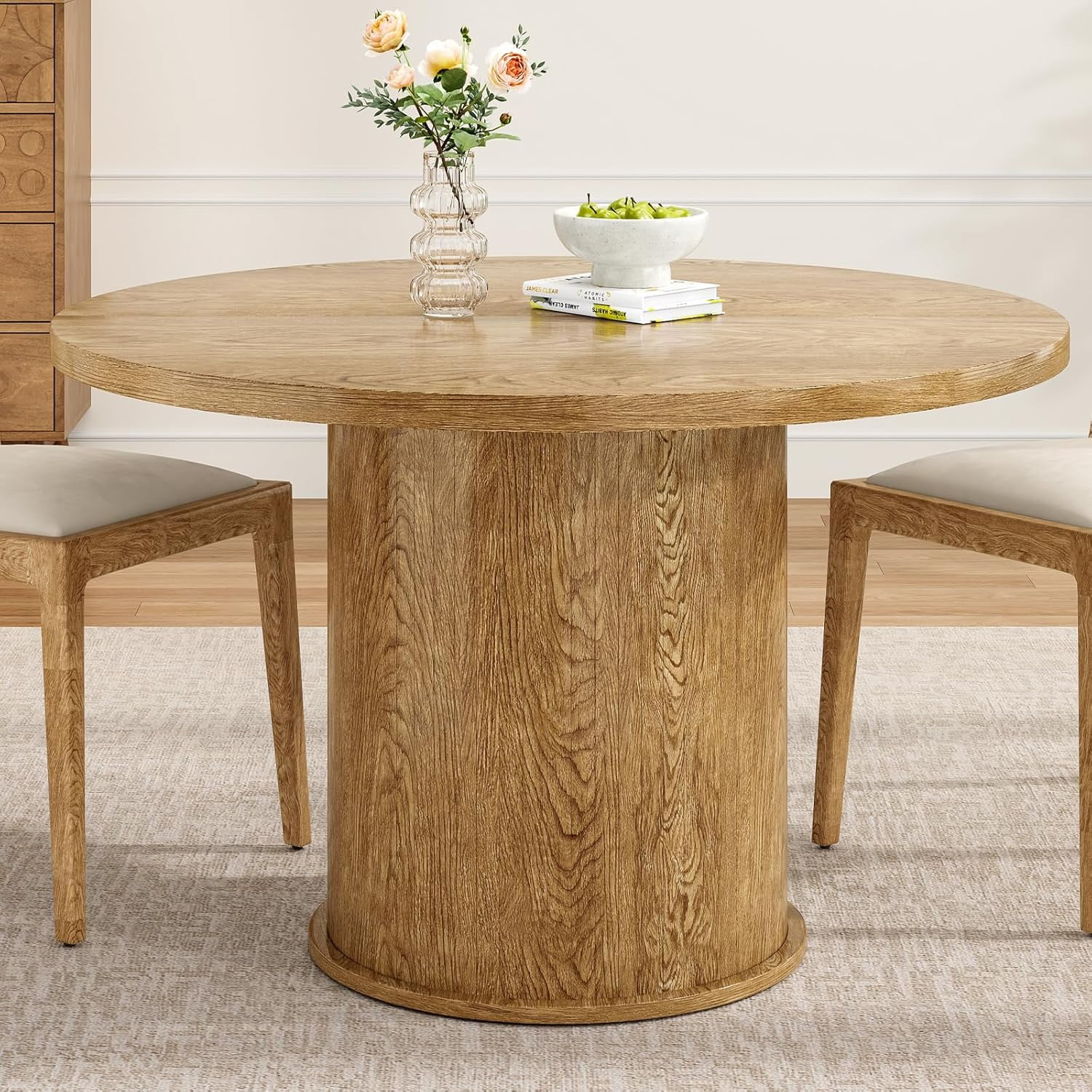 Farini 43" Round Dining Table, Modern Wood Kitchen Table with Metal Base, Seats 4, for Dining Room or Kitchen, Walnut
