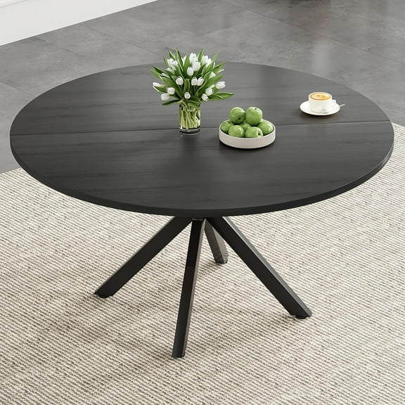 Farini 47" Round Dining Table, Mid-Century Modern Wood Table with Metal Base, Seats 4-6, for Kitchen or Dining Room, Black