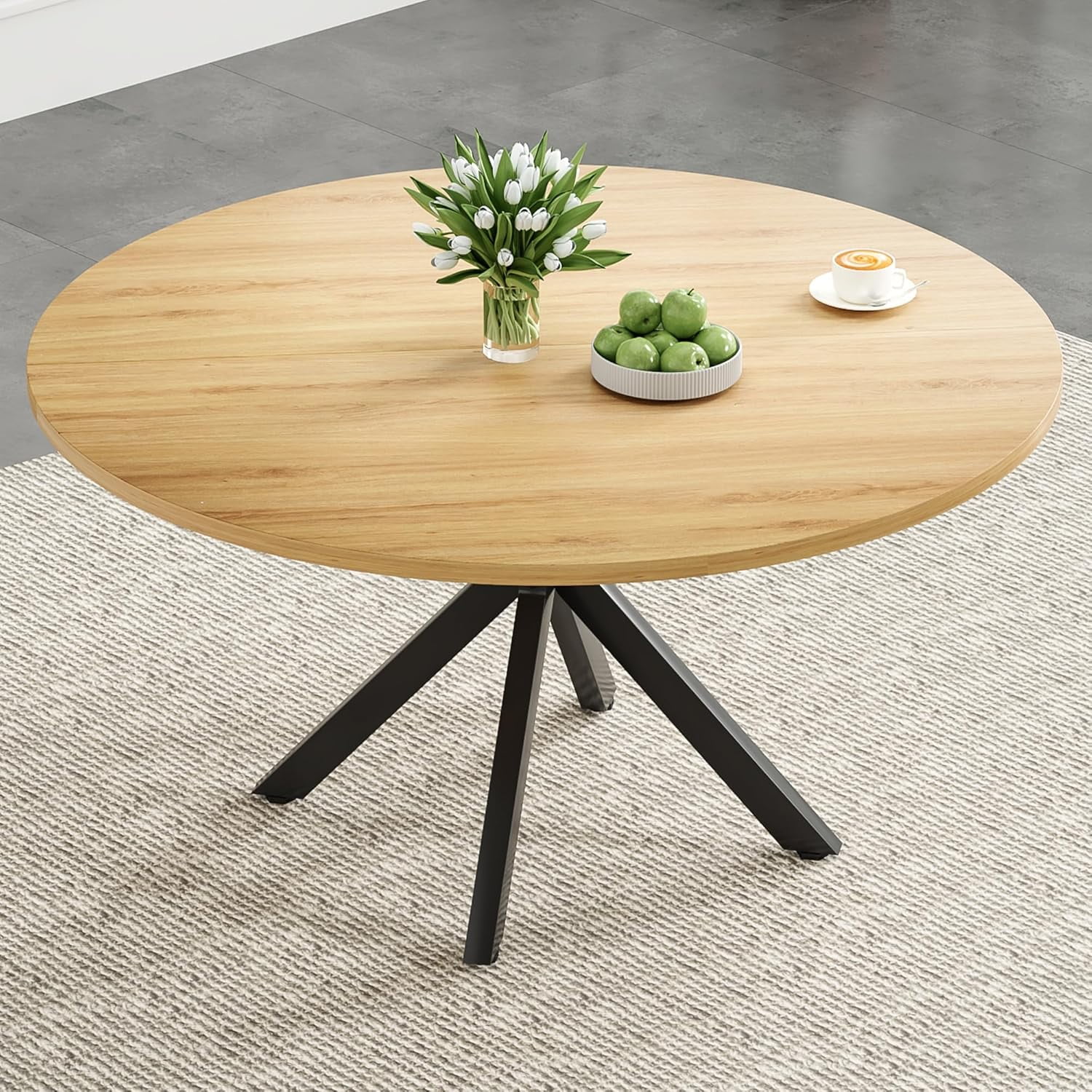 Farini 47" Round Dining Table, Mid-Century Modern Wood Table with Metal Base, Seats 4-6, for Kitchen or Dining Room, Nature