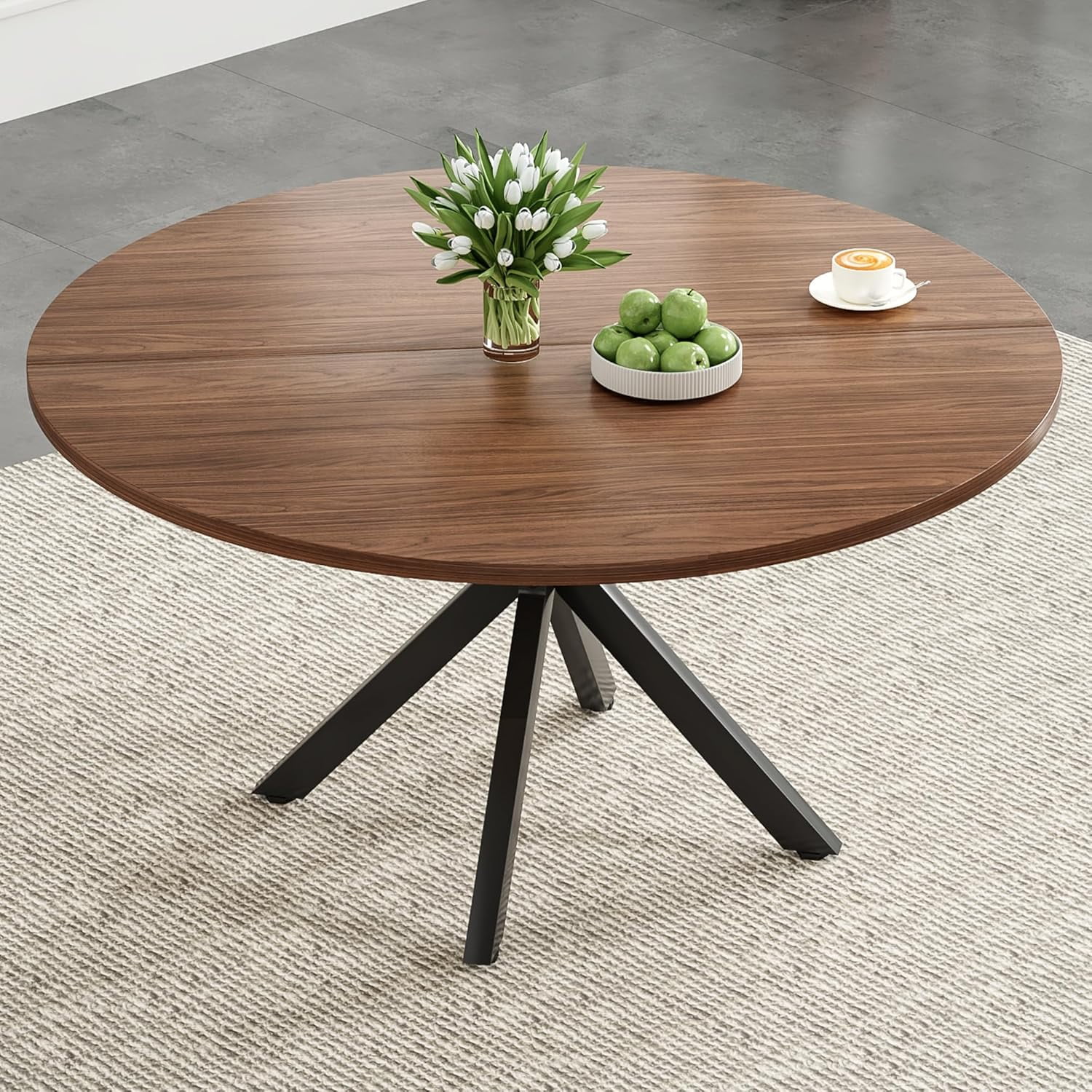 Farini 47" Round Dining Table, Mid-Century Modern Wood Table with Metal Base, Seats 4-6, for Kitchen or Dining Room, Walnut