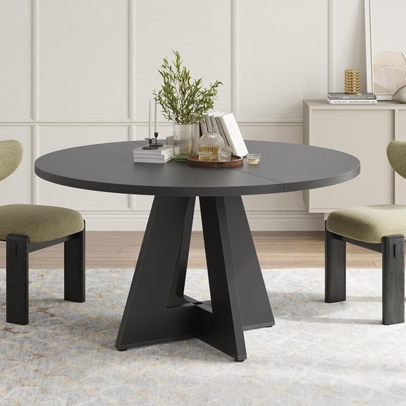 Farini 47" Round Dining Table,Wooden Kitchen Table with Metal Base, Seats 4–7, for Dining Room, Kitchen & Living Room, Black