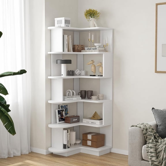 Farini 5-Tier Corner Bookcase, L-Shaped Storage Shelf for Living Room, Office, Bedroom, White