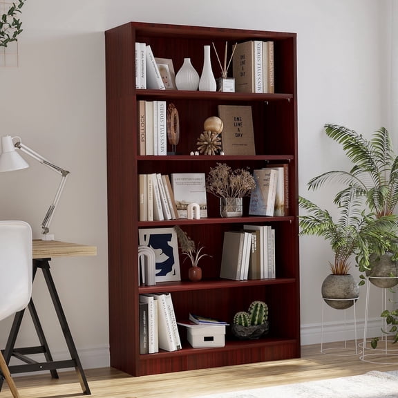 Farini 5 Tiers Bookcase, Wooden Bookcase with Adjustable Shelves for Home, Office, Cherry