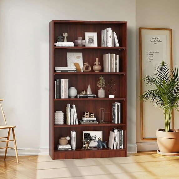 Farini 5 Tiers Bookcase, Wooden Bookcase with Adjustable Shelves for Home, Office, Mahogany
