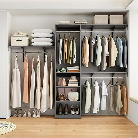 Farini Adjustable Closet Organizer System, Wood Closet Storage with 3 Hanging Rods & 5 Shelves, Bedroom Wardrobe Storage for Closet Organization, Black