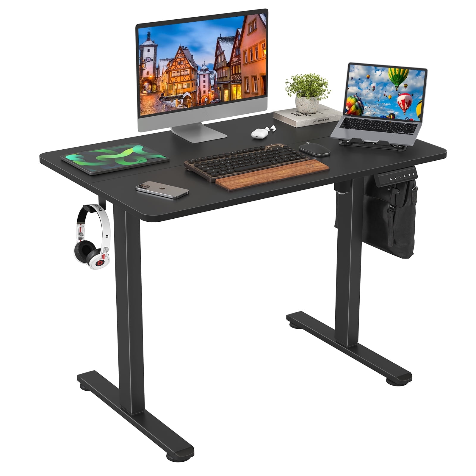 Farini Adjustable Standing Desk for Home Office, 40"x24" Electric Sit-Stand Desk with Splice Board, Black