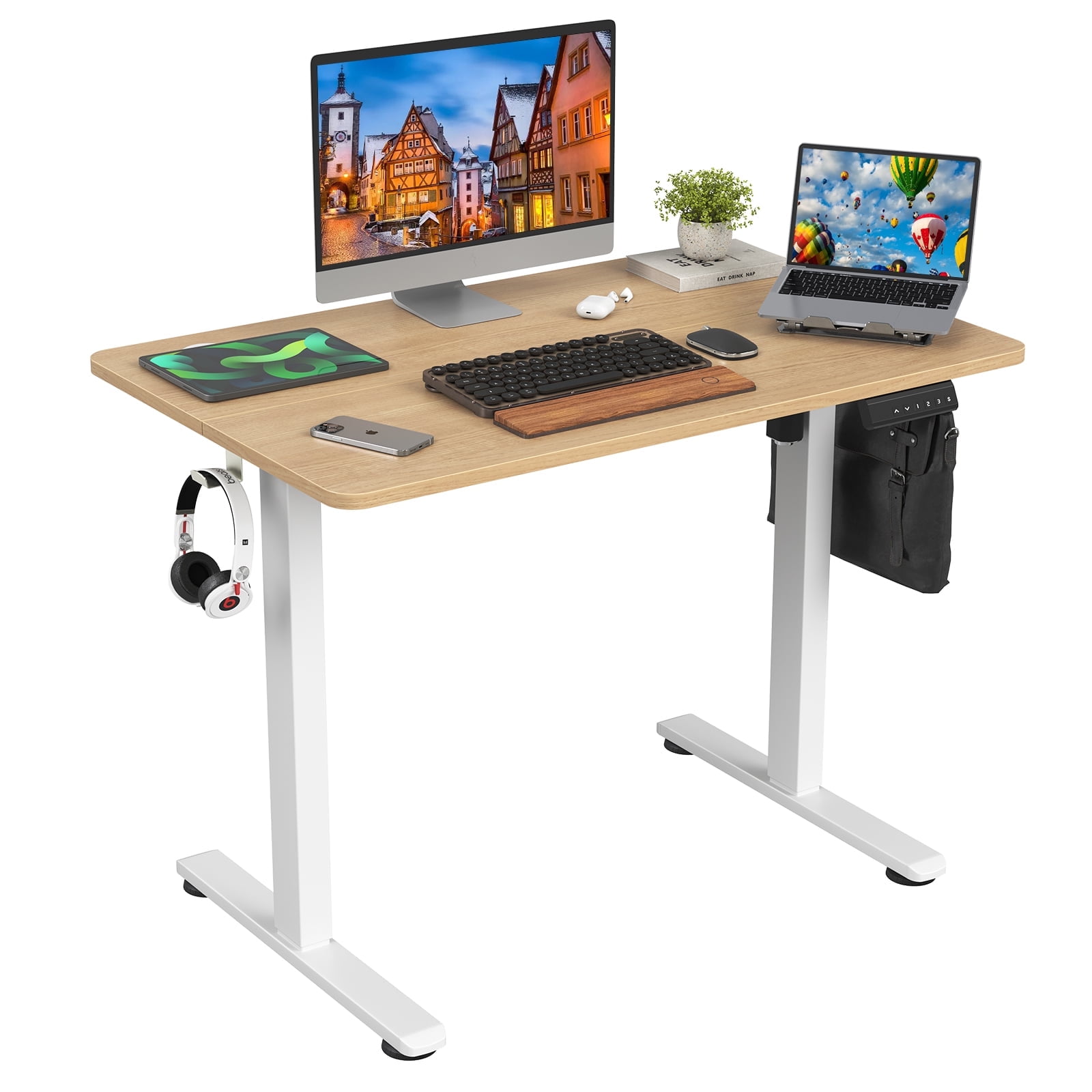 Farini Adjustable Standing Desk for Home Office, 40"x24" Electric Sit-Stand Desk with Splice Board, Nature