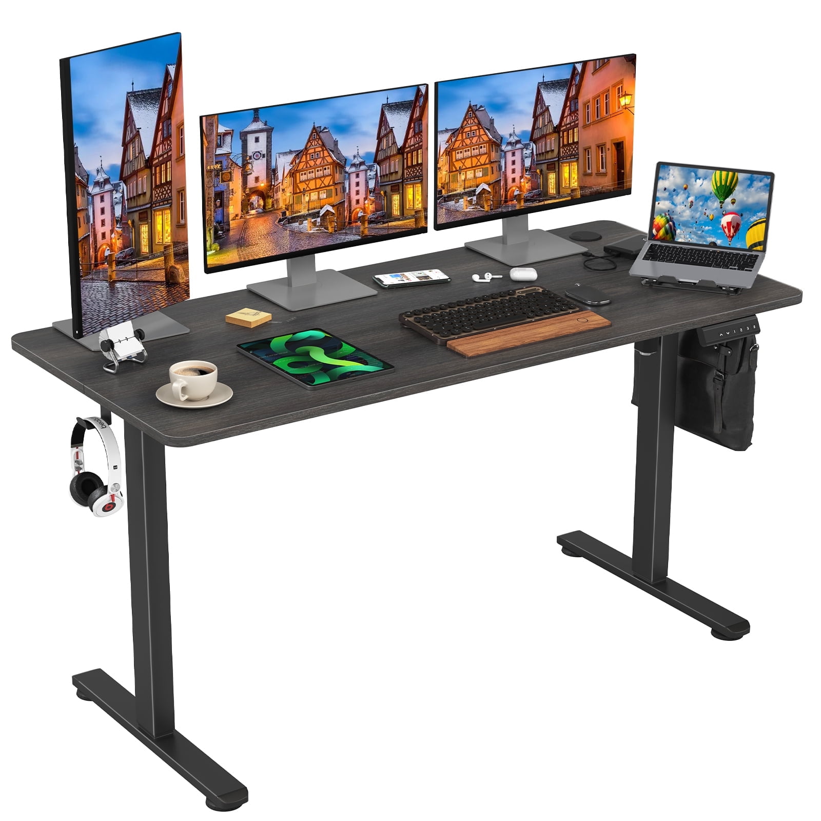Farini Adjustable Standing Desk for Home Office, 55"x24" Electric Sit-Stand Desk with Splice Board, Walnut