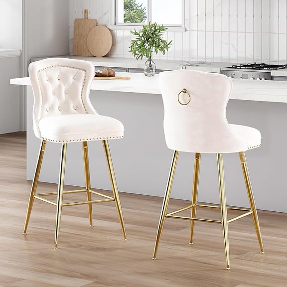 Farini Counter Height Stools Set of 2, Velvet Bar Stools with Metal Legs for Kitchen, Dining & Pubs, Beige (26")