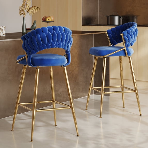 Farini Counter Height Bar Stool Set of 2, Mid-Century Upholstered Barstool with Backrest and Metal Frame, Blue