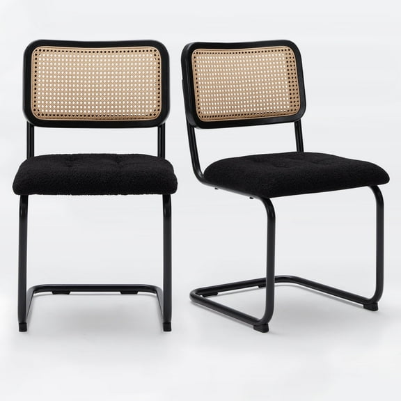 Farini Dining Chairs Set of 2, Mid-Century Modern Kitchen Chairs with Rattan Backrest & Velvet Upholstery, Black
