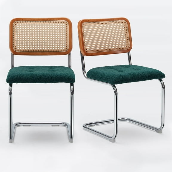 Farini Dining Chairs Set of 2, Mid-Century Modern Kitchen Chairs with Rattan Backrest & Teddy Velvet Upholstery, Blackish Green
