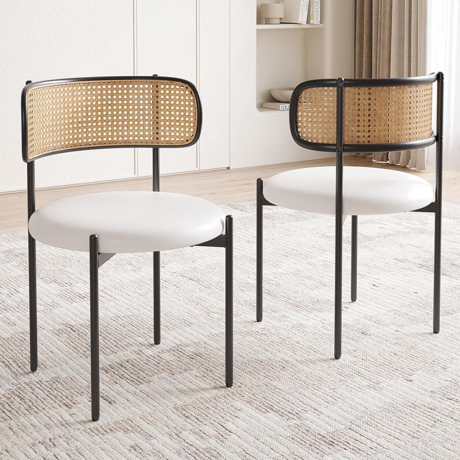 Farini Dining Chairs Set of 2, Rattan Kitchen Chairs with PU Leather ...