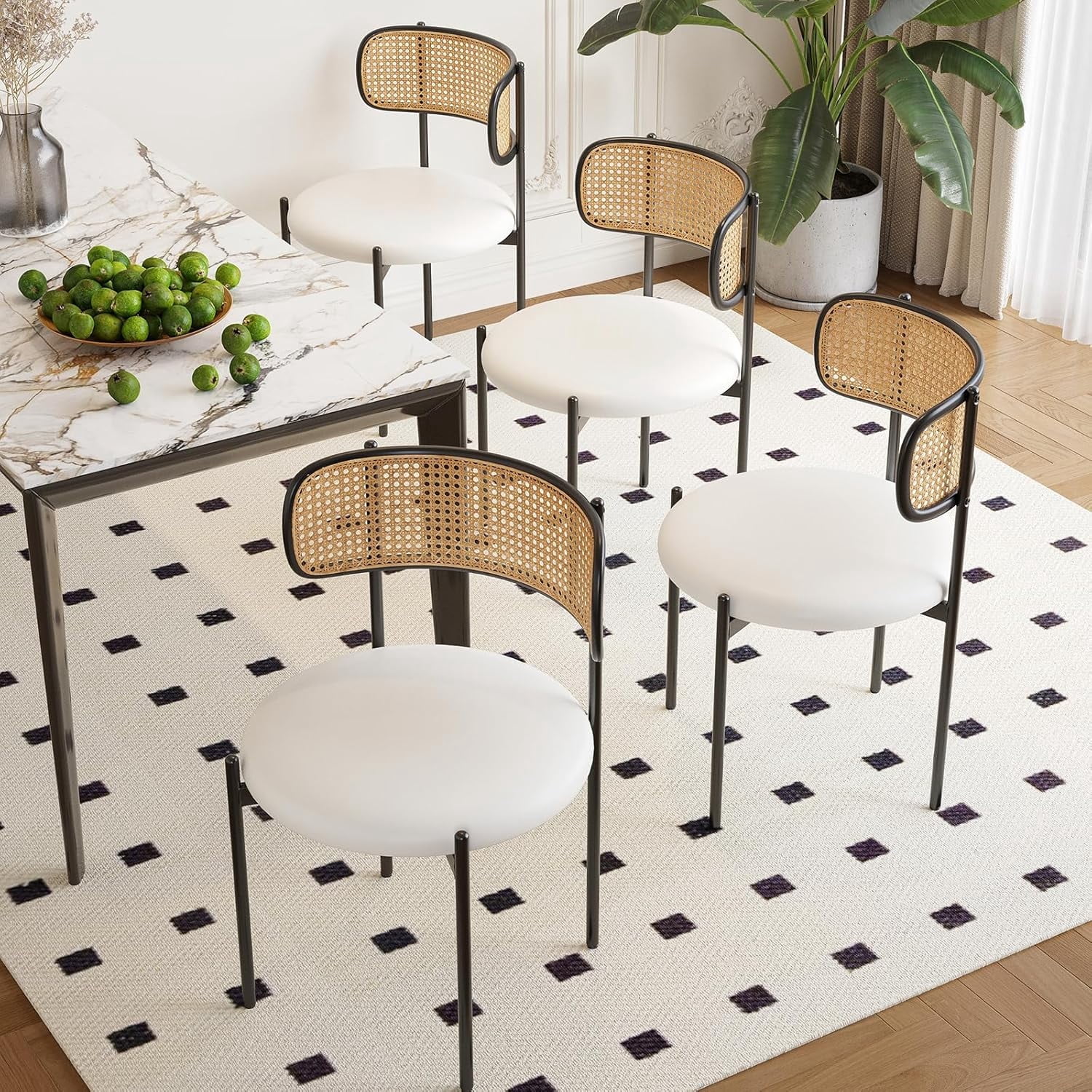 Farini Dining Chairs Set of 4, Upholstered PU Leather & Woven Rattan Side Chairs with Metal Legs for Kitchen, Dining Room, or Cafe, Beige