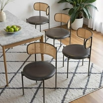 Farini Dining Chairs Set of 4, Rattan Kitchen Chairs with PU Leather Cushion & Metal Legs for Kitchen, Living Room, or Restaurant, Black