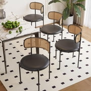 Farini Dining Chairs Set of 4, Upholstered PU Leather & Woven Rattan Side Chairs with Metal Legs for Kitchen, Dining Room, or Cafe, Black