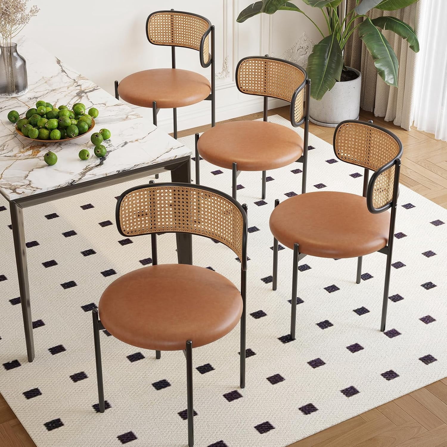 Farini Dining Chairs Set of 4, Upholstered PU Leather & Woven Rattan Side Chairs with Metal Legs for Kitchen, Dining Room, or Cafe, Brown