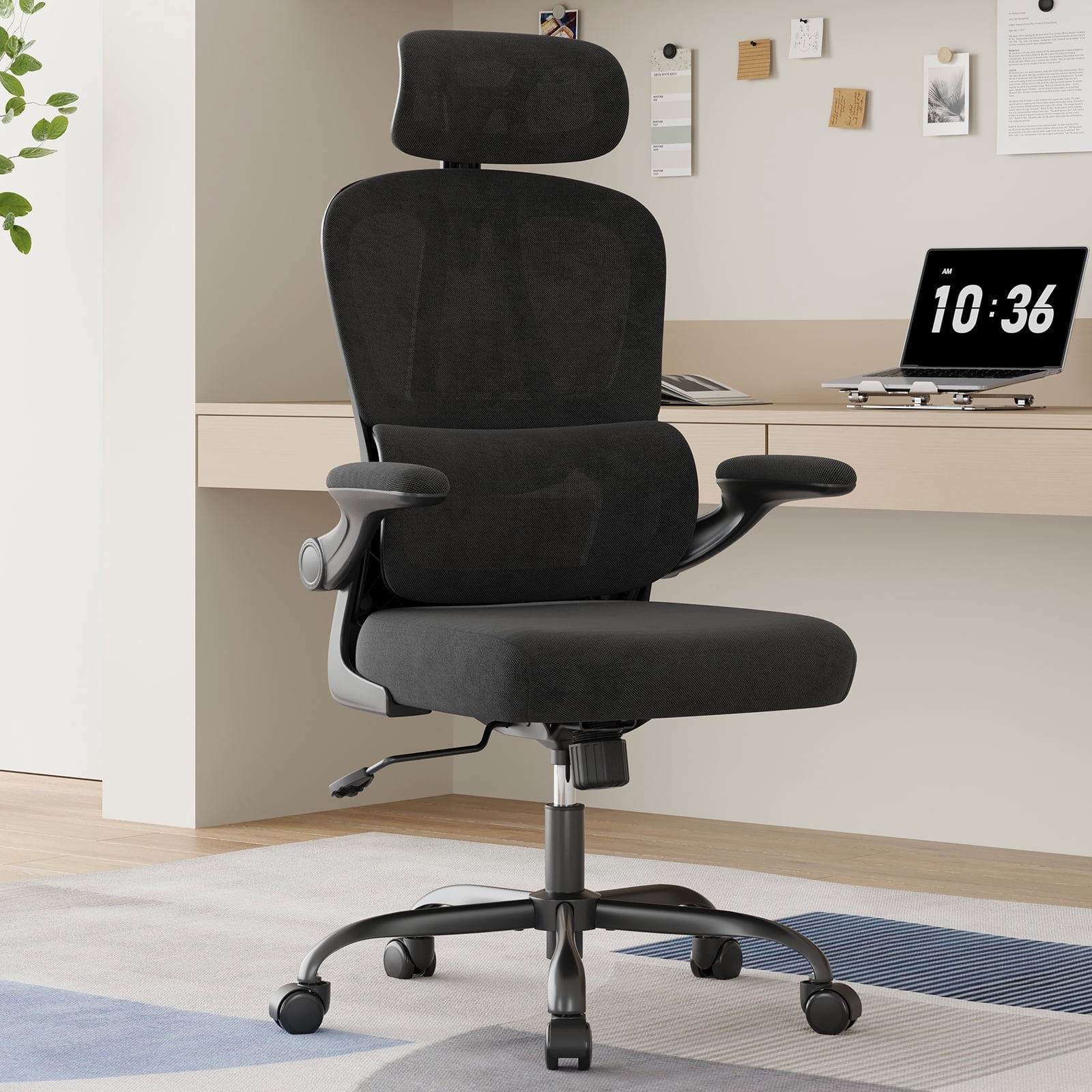 Farini Ergonomic Office Chair, Adjustable High Back Mesh Desk Chair with Lumbar Support, 2D Headrest , Black