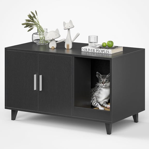 Farini Hidden Cat Litter Box Enclosure Furniture with Scratching Mat, Black