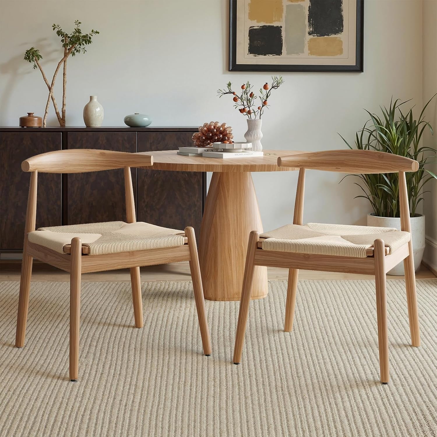 Farini Mid-Century Dining Chairs Set of 2, Solid Wood Frame & Woven Leather Seats, Nature-Beige