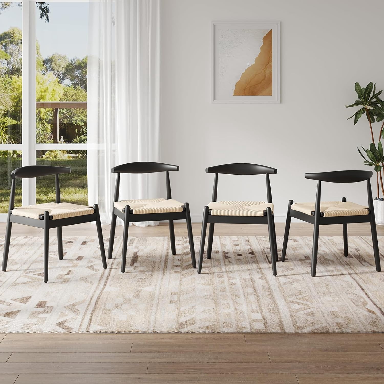 Farini Mid-Century Dining Chairs Set of 4, Solid Wood Frame & Woven Leather Seats, Black-Beige