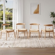 Farini Mid-Century Dining Chairs Set of 4, Solid Wood Frame & Woven Leather Seats, Nature-Beige