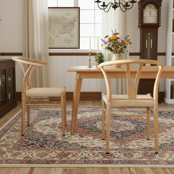 Farini Mid-Century Modern Wishbone Dining Chairs Set of 2, Metal Frame Side Chairs with Woven Seat for Kitchen & Beach House, Nature