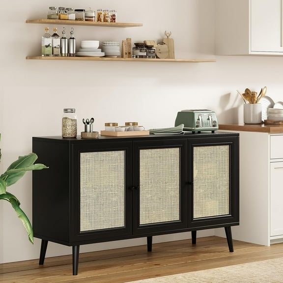 Farini Modern Sideboard Buffet, 3-Door Rattan Storage Cabinet for Kitchen, Living Room & Entryway, Black