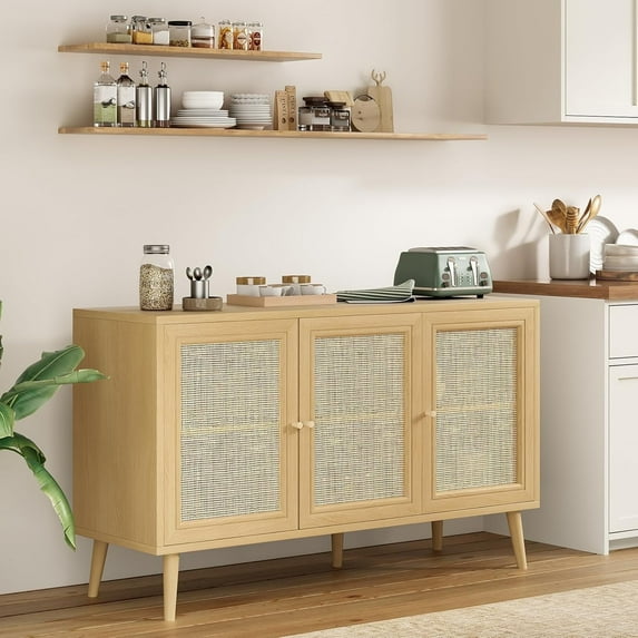Farini Modern Sideboard Buffet, 3-Door Rattan Storage Cabinet for Kitchen, Living Room & Entryway, Nature