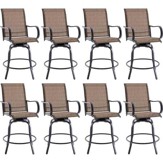 Farini Outdoor Bar Stools Set of 8, 360°Swivel Patio Barstools with Textile Fabric,Ergonomic Comfort Bar Height Tall Outdoor Stools for Balcony,Brown