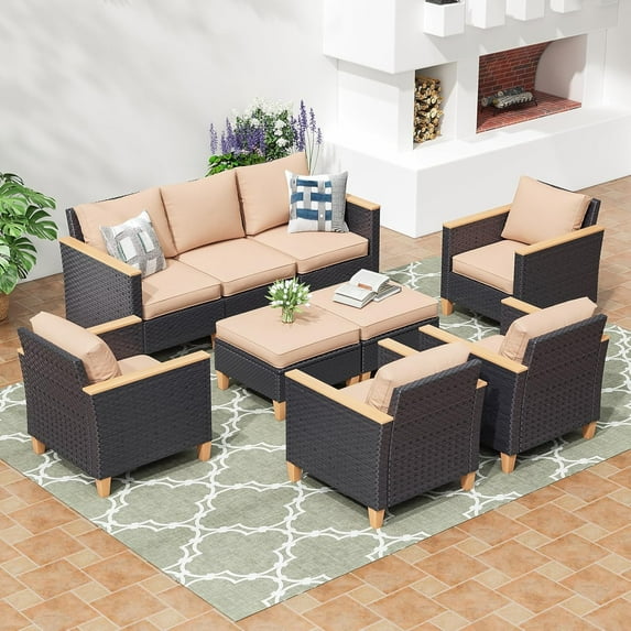 Farini Outdoor Furniture Set, 9 Piece Patio Sectional Furniture Set with Cushions, PE Outdoor Wicker Conversation Set Sectional Patio Sofa, All-Weather Rattan Sofa for Backyard, Garden, and Poolside